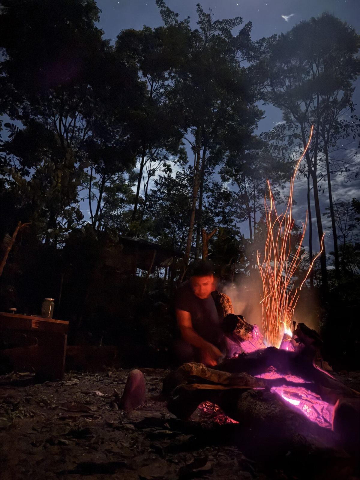 The fire at Taita Leonardo's finca at night, with sparks rising under the stars