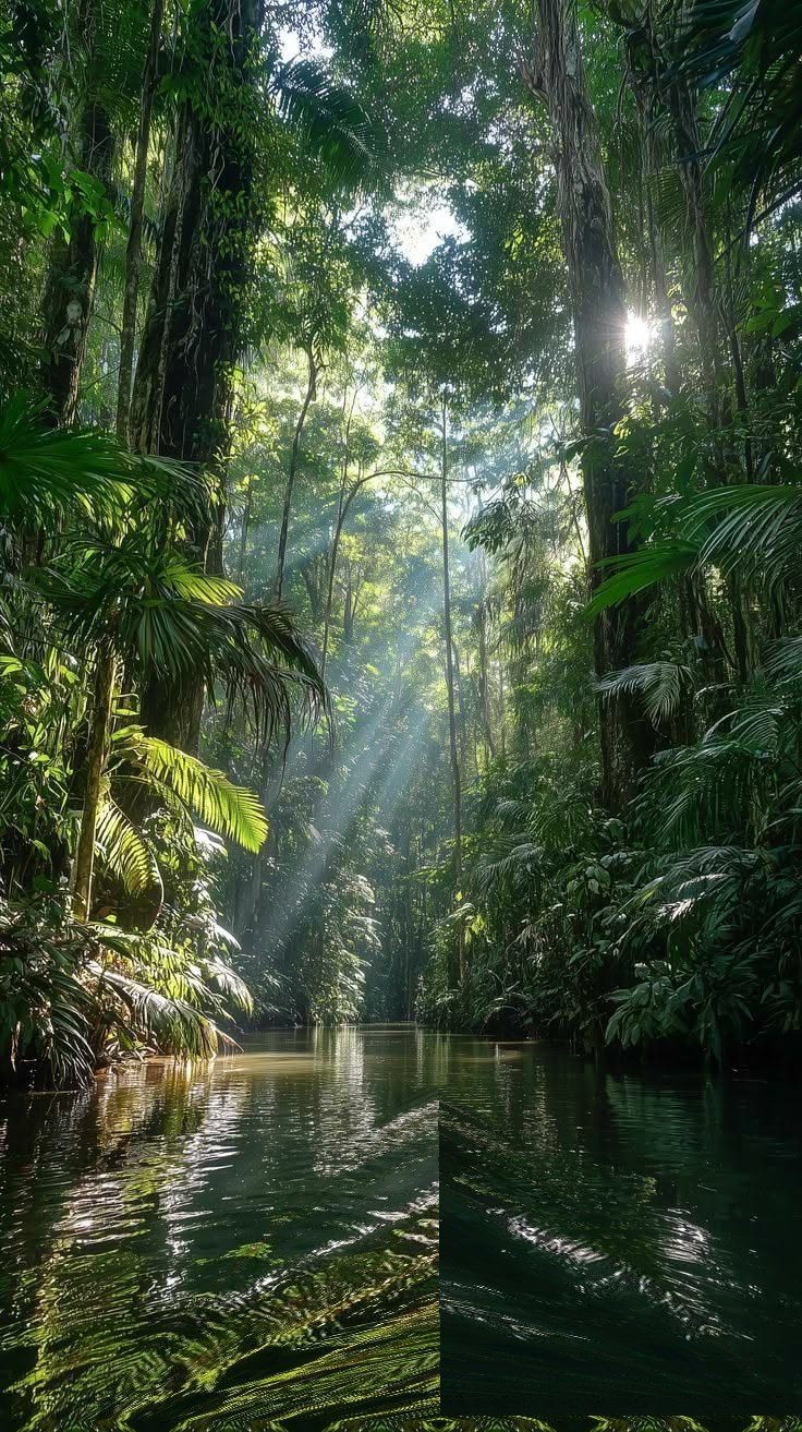 Sunlight through the jungle canopy above a river