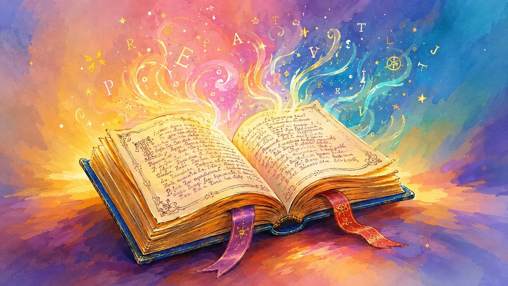 Watercolor illustration of an open book releasing glowing letters