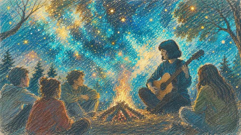 Colored-pencil illustration of friends around a campfire under a starry sky